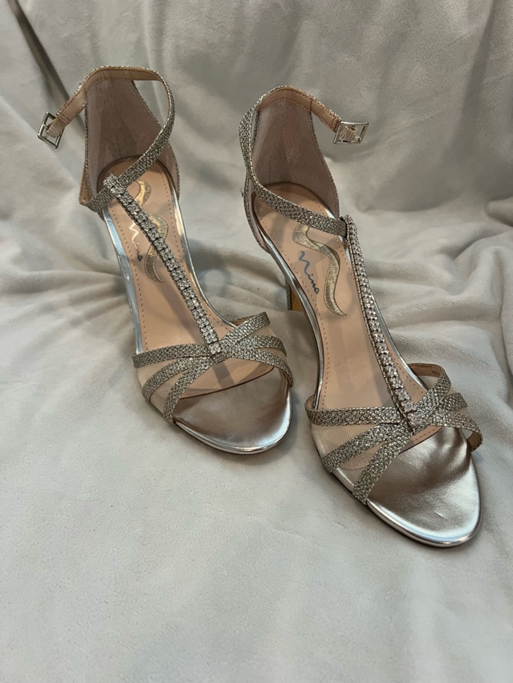 Nina Metallic Champagne T-Strap Rhinestone Heels